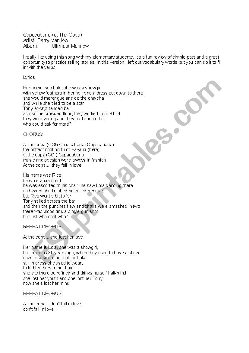 Copacabana worksheet