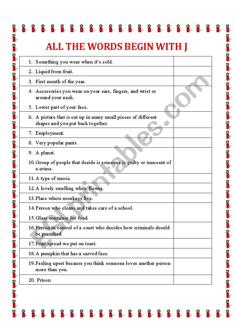 All words begin with J worksheet