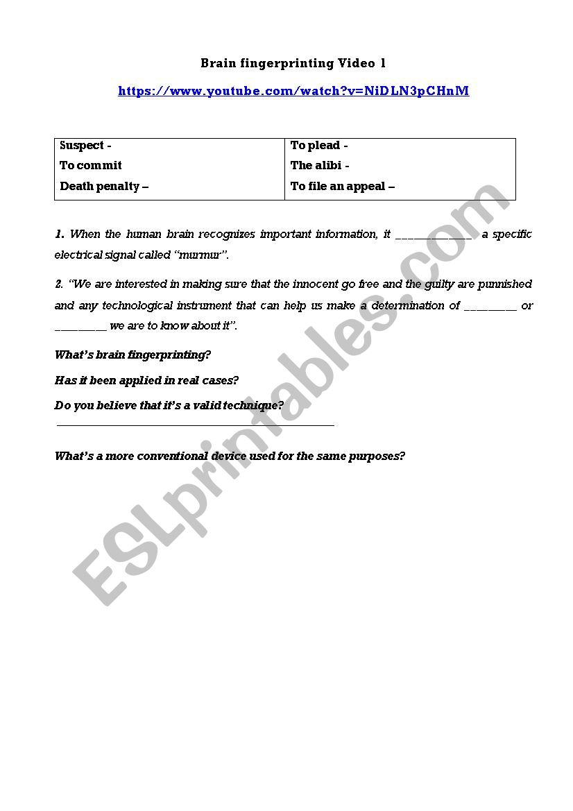 Brain fingerprinting worksheet