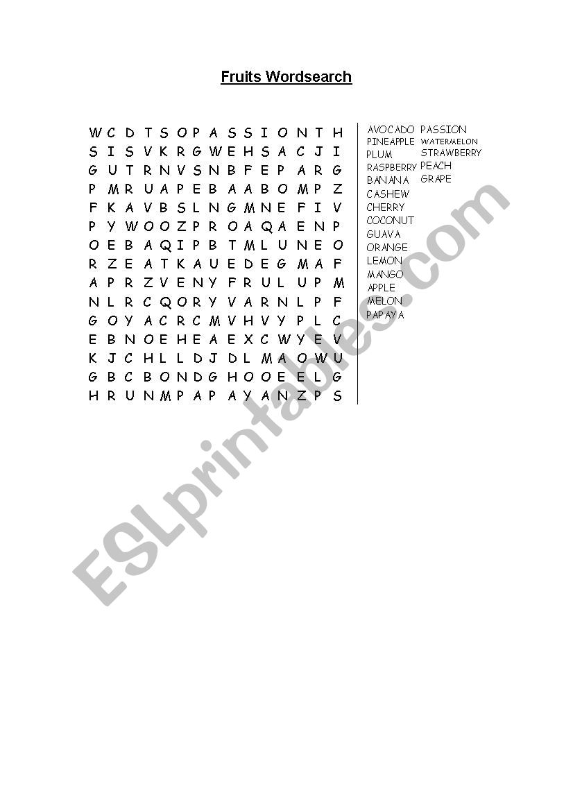 Fruits Wordsearch worksheet