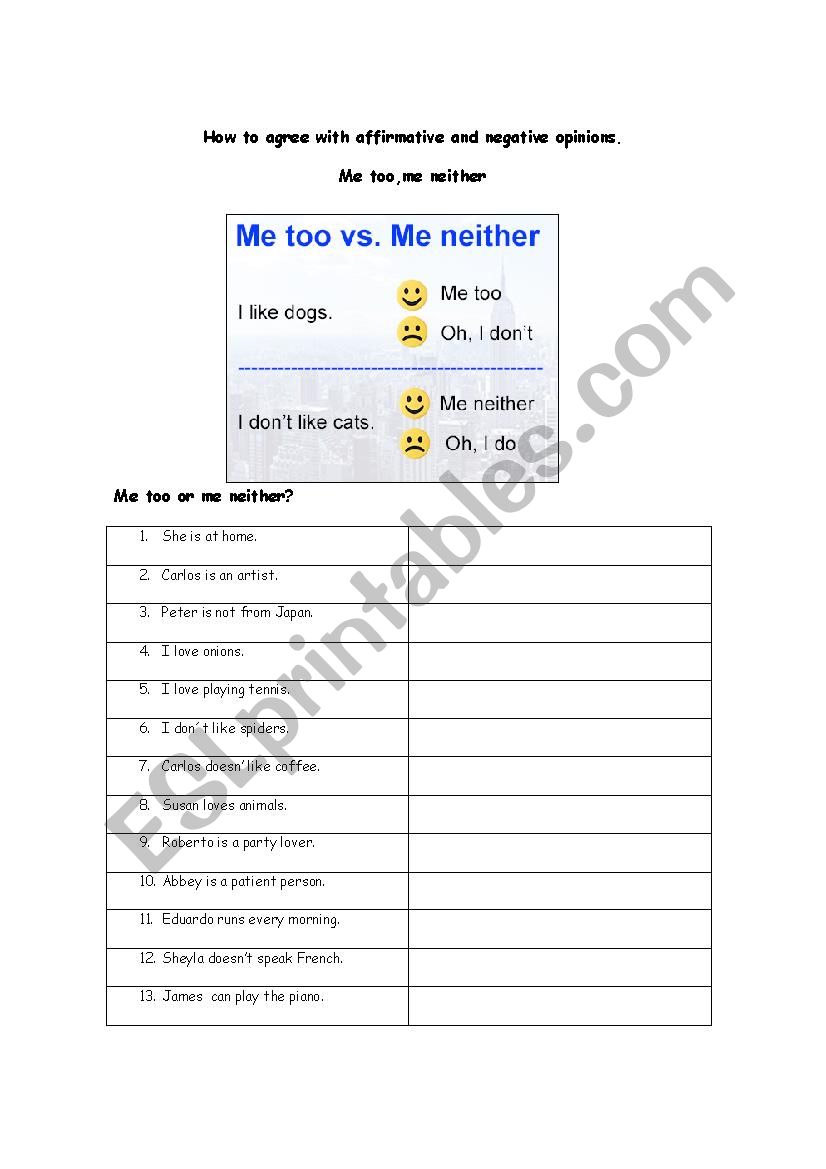 ME TOO or ME NEITHER worksheet