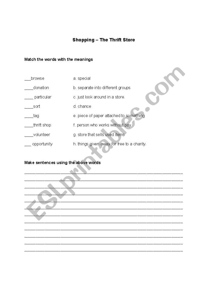  The Thrift Store worksheet