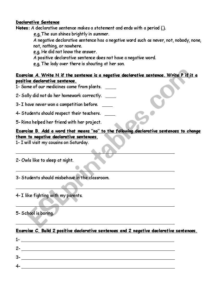 Declarative Sentence worksheet