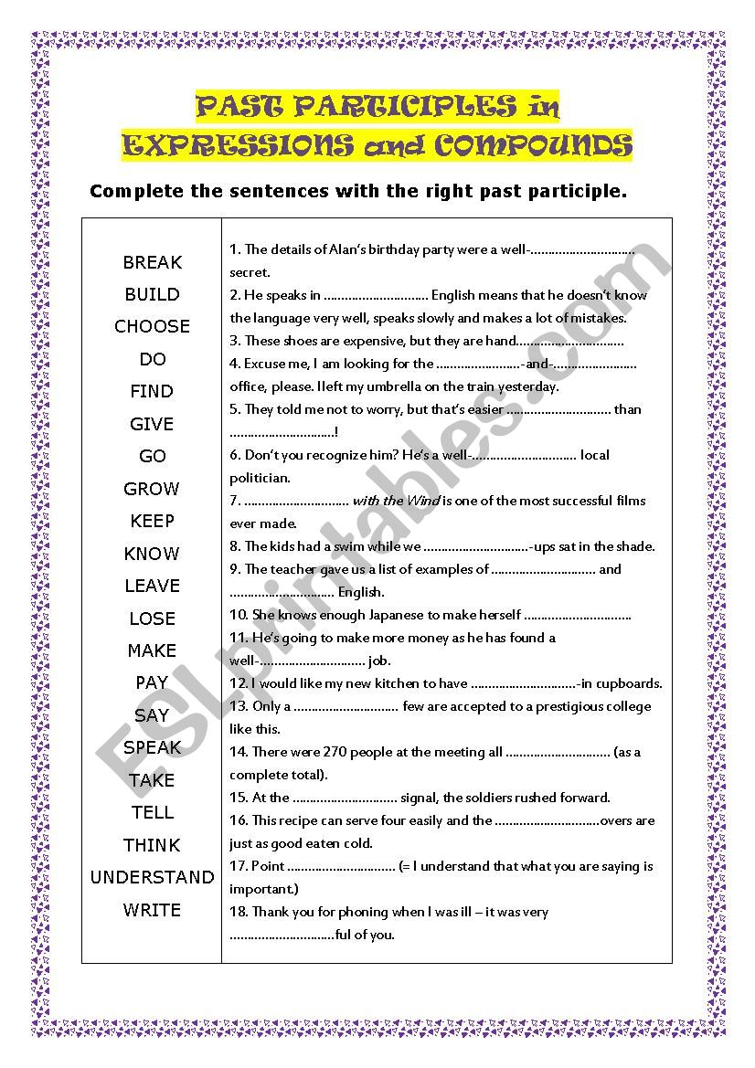 PAST PARTICIPLES in EXPRESSIONS and COMPOUNDS