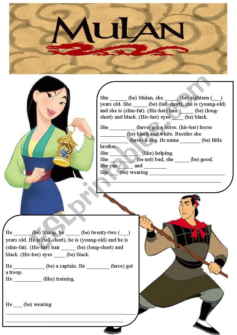 Mulan, movie (characters descriptions, verb to be, adjectives, his-her, have got, can-cant and feelings)