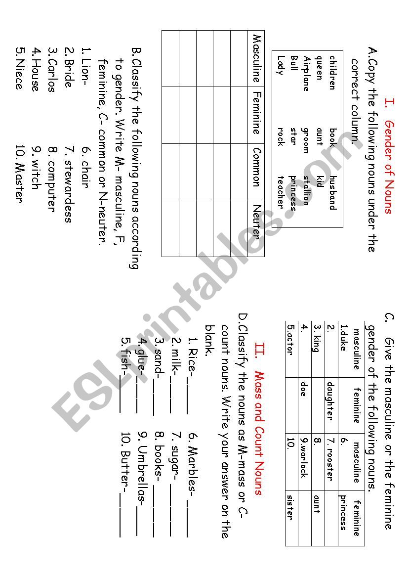 nouns part 2 (Gender of nouns, mass and count nouns)