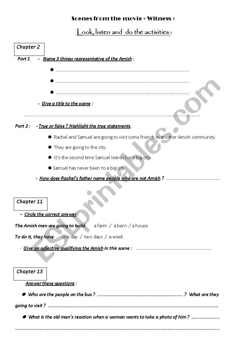 movie worksheet - Witness worksheet