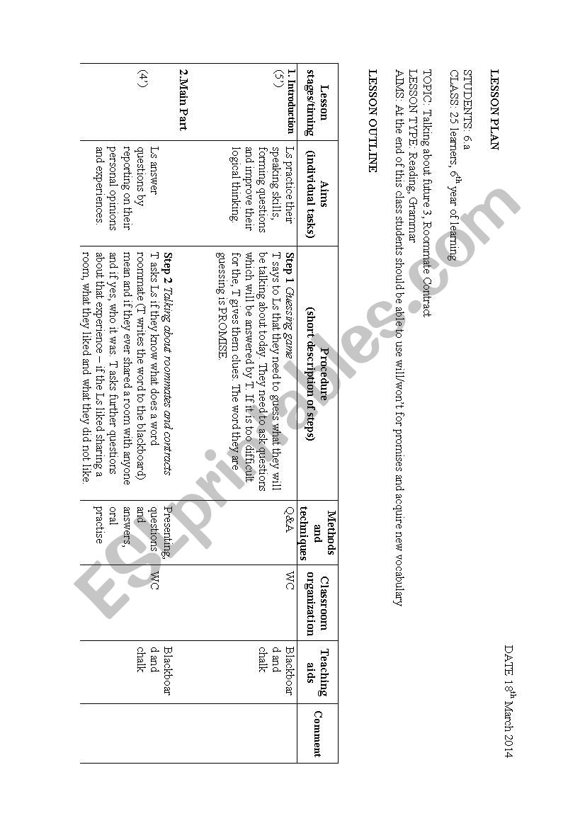 Lesson plan for 6th grade Future for promises