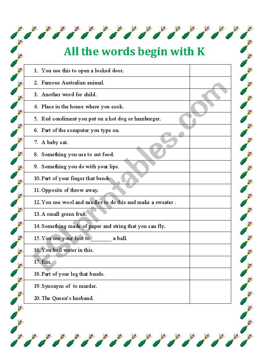 All words begin with K worksheet