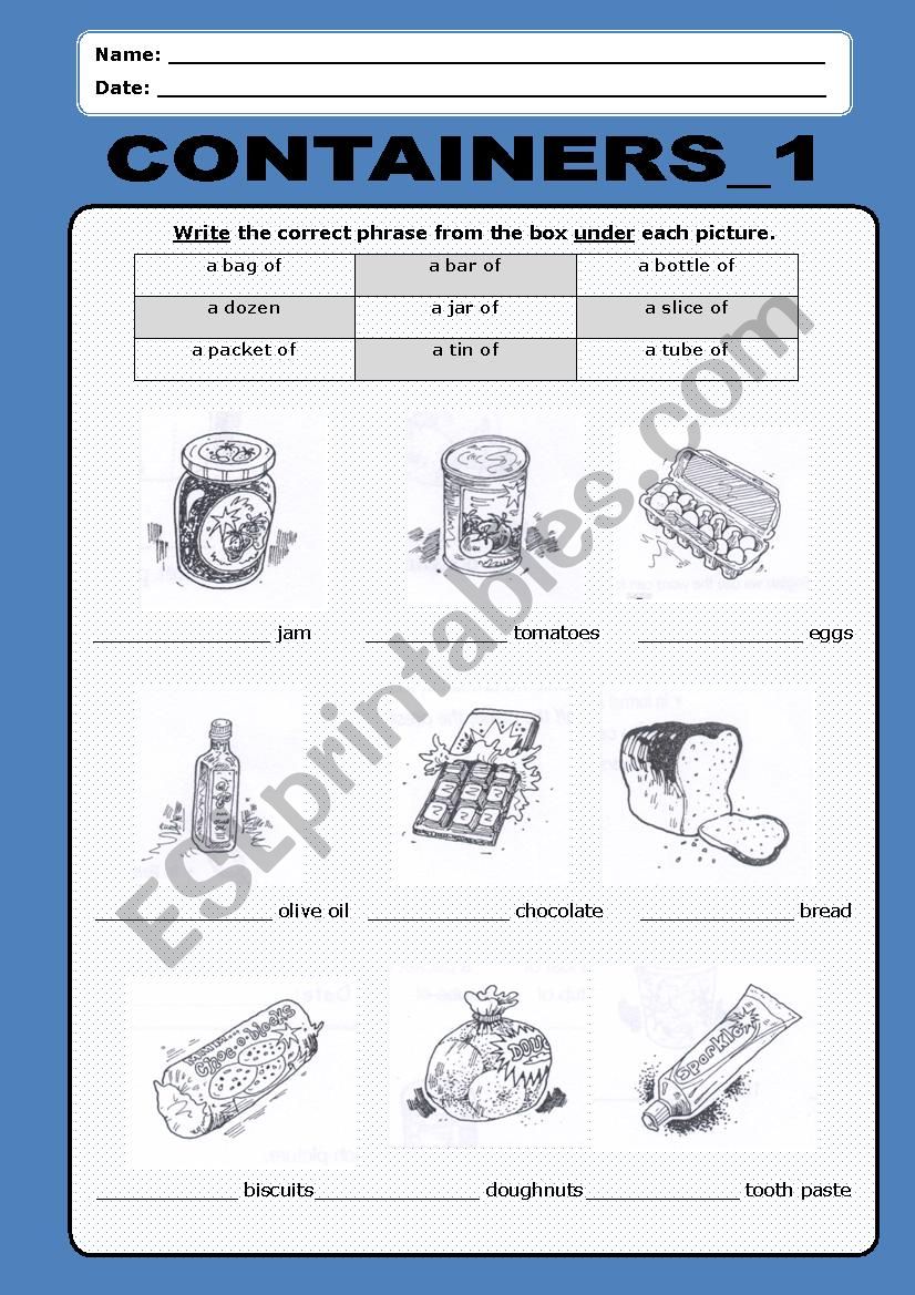 Containers and Quantities:1 worksheet
