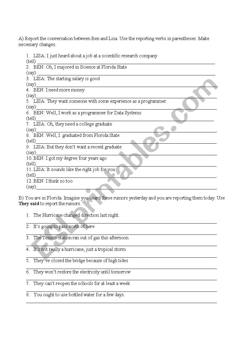 Reported Speech worksheet