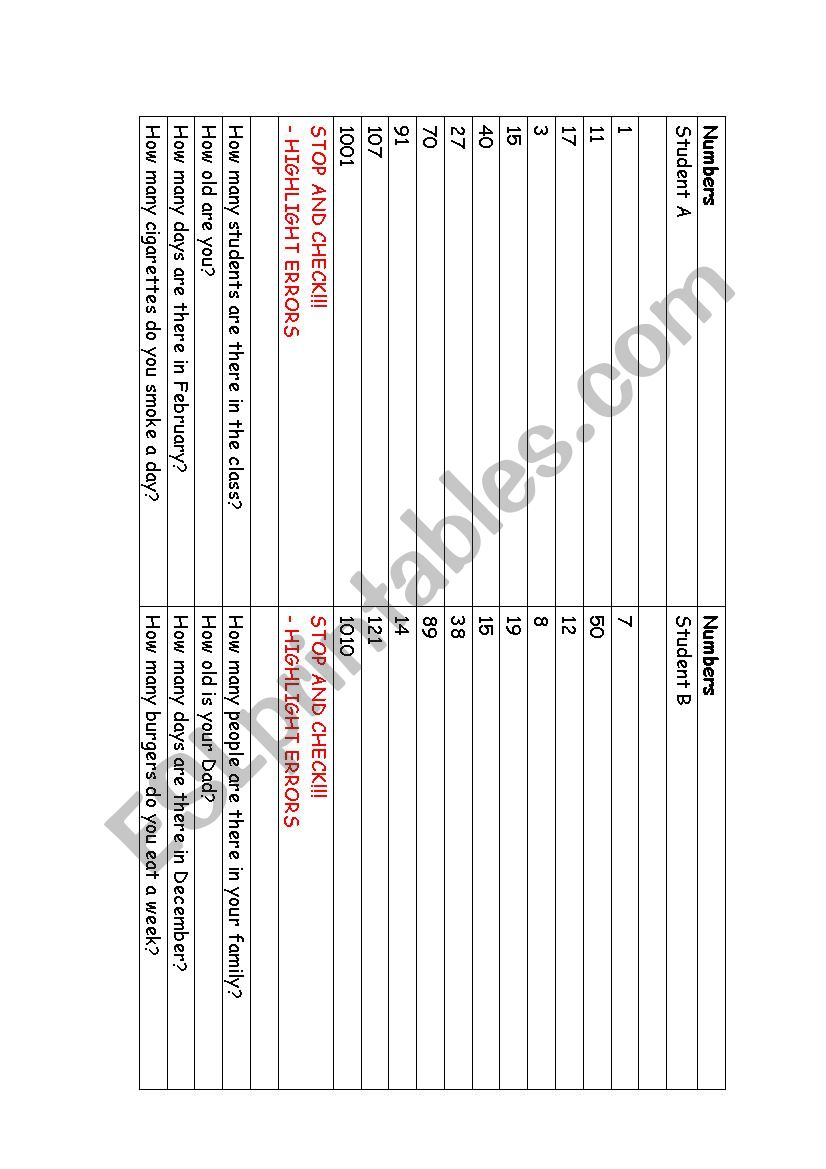 Numbers pairwork worksheet