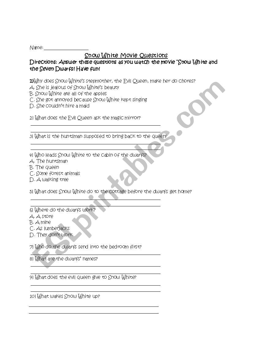 Snow White Activity Packet worksheet