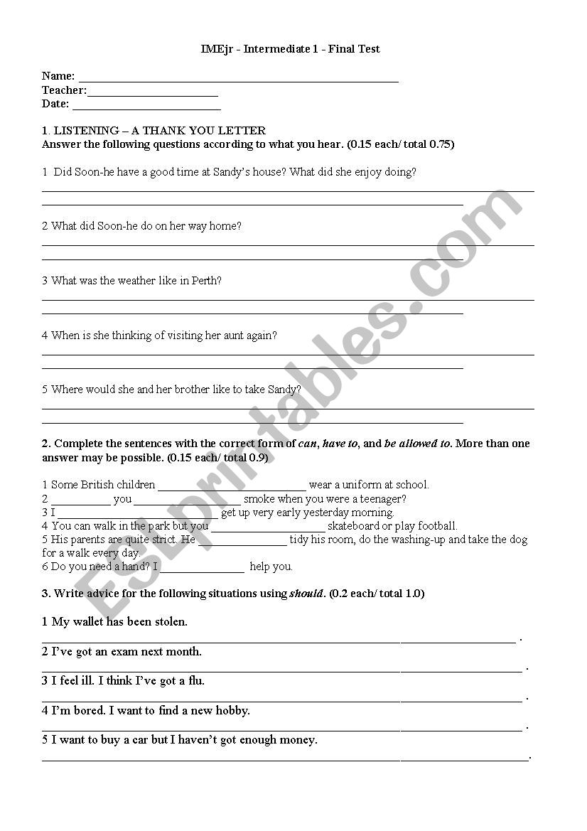 Final Test_Intermediate_New Headway