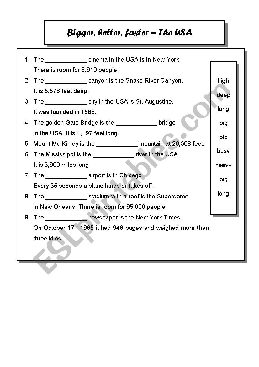 Bigger better- The USA worksheet