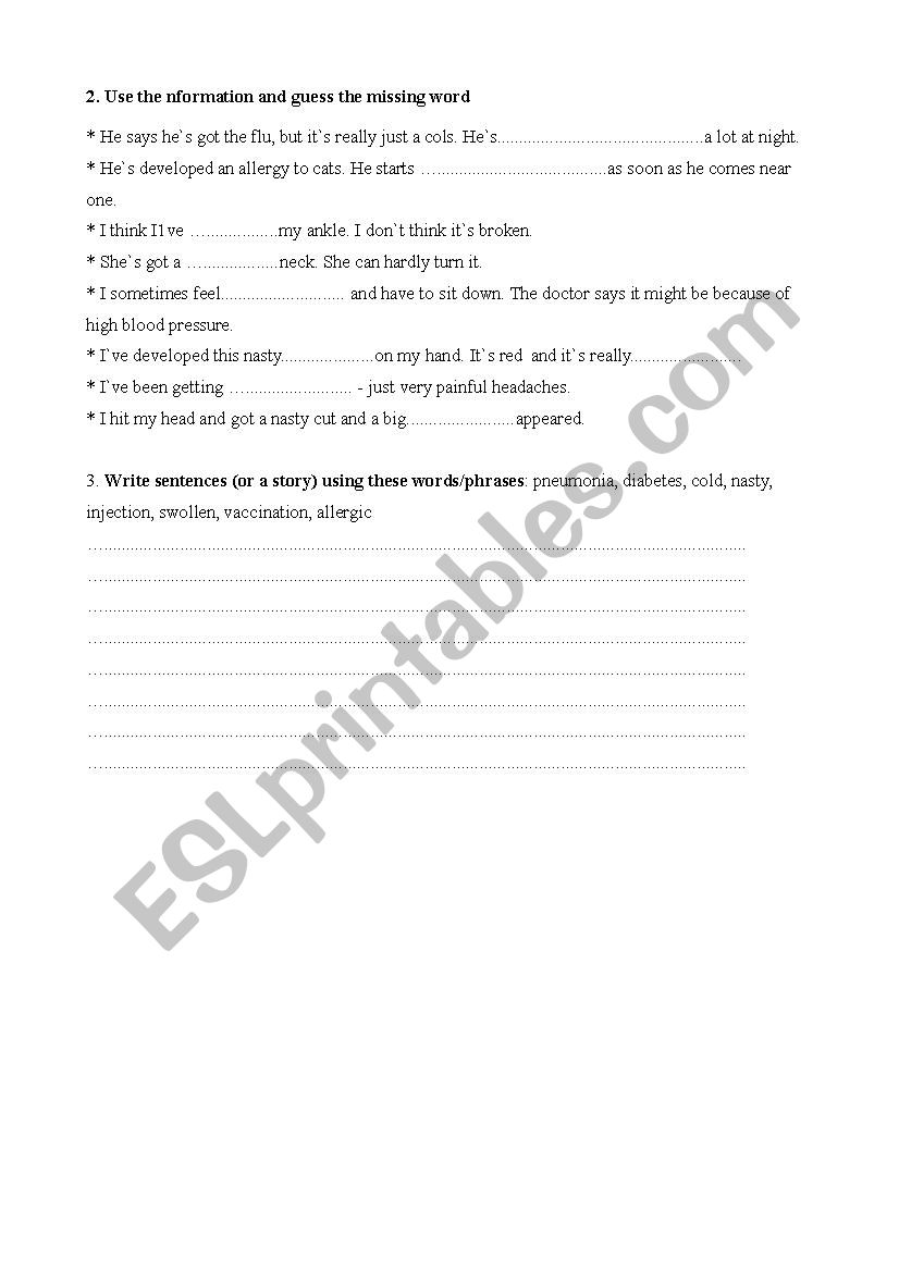 health problems test worksheet