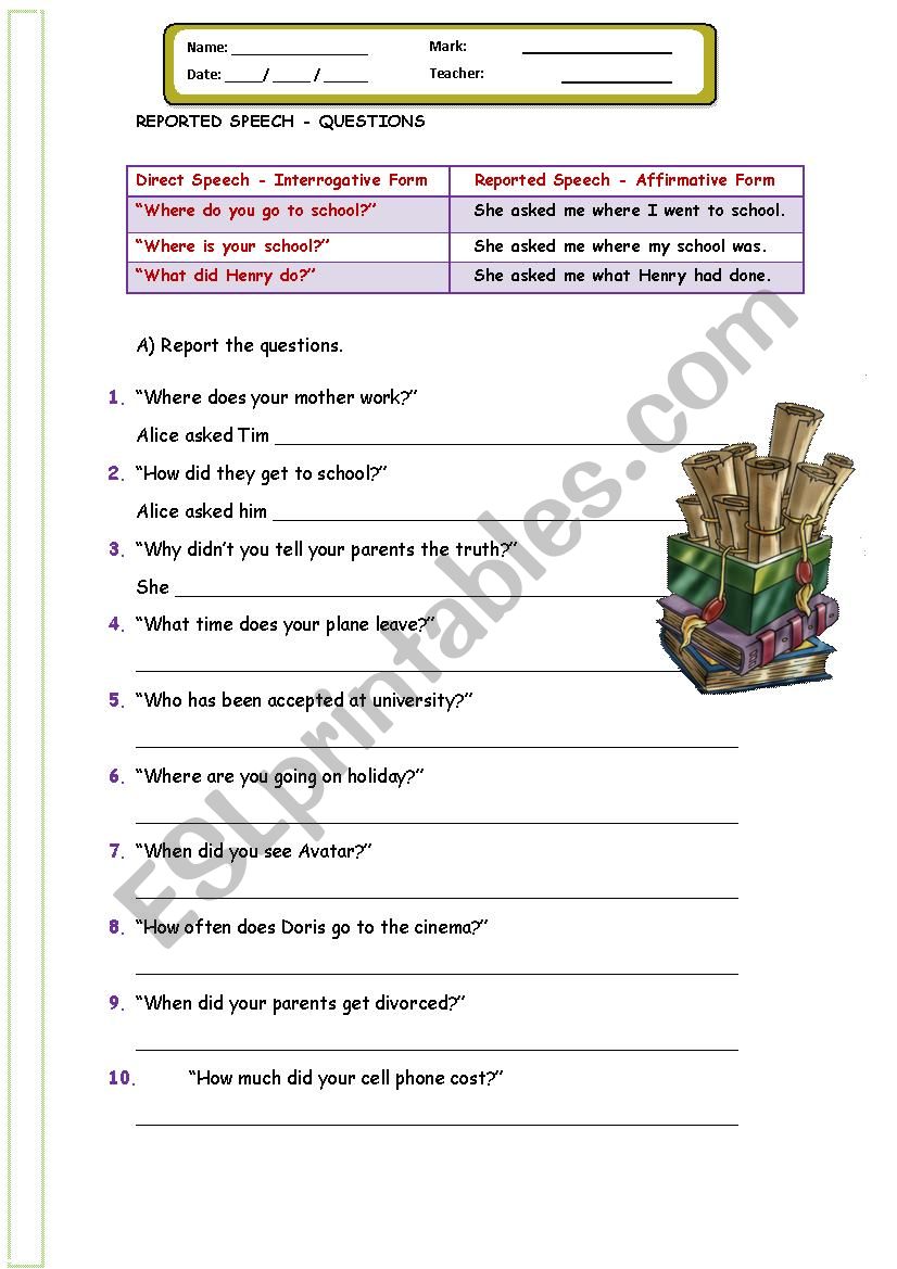 reported speech questions  worksheet
