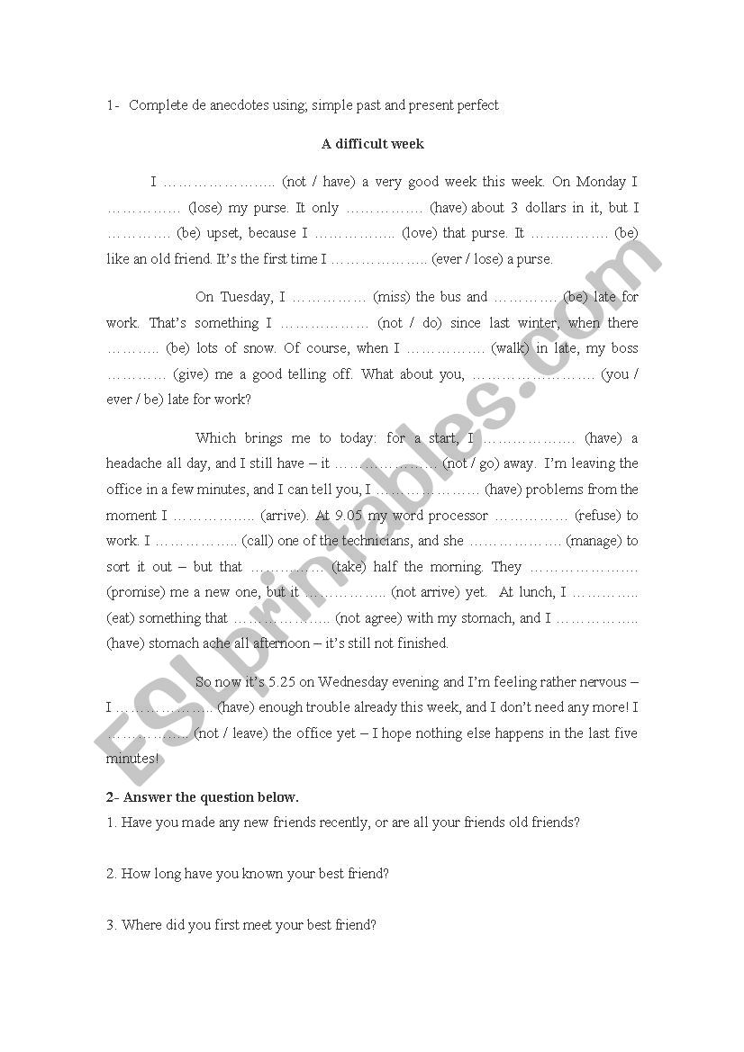 present perfect worksheet