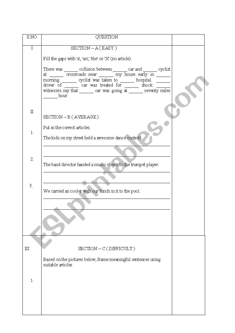 Articles worksheet