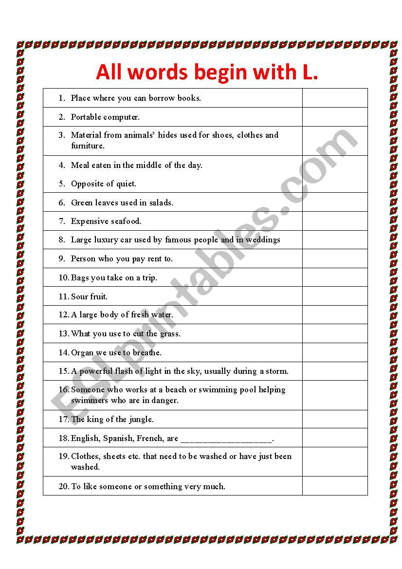 All words begin with L worksheet