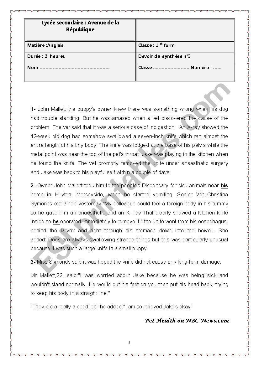 First form / End of Term English test 