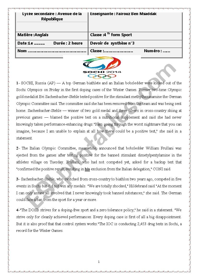 4 Ã¨me sport /End of Term English test