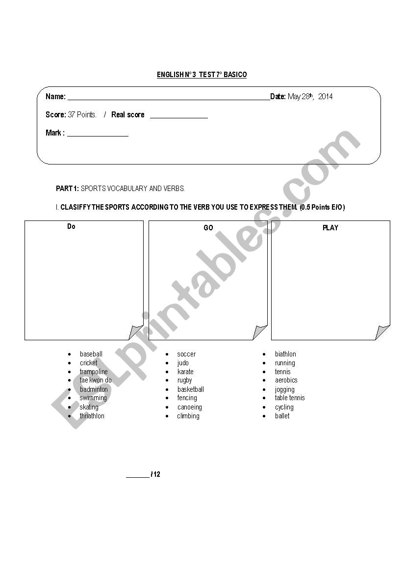 Sports test  worksheet