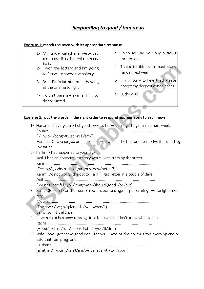 responding to good/bad news exercises