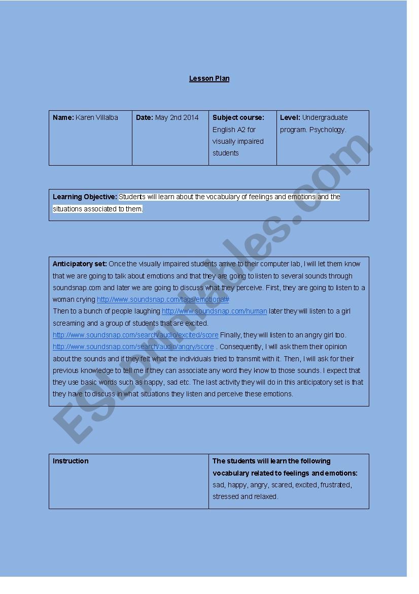 Lesson plan. Emotions and feelings