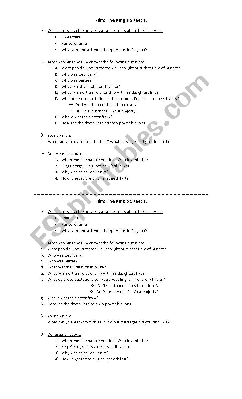 The Kings Speech Film worksheet