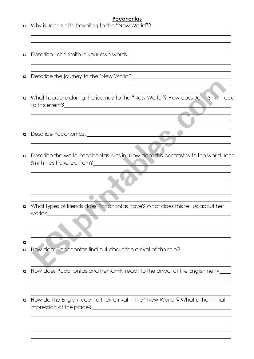 Pocahontas Viewing Questions worksheet