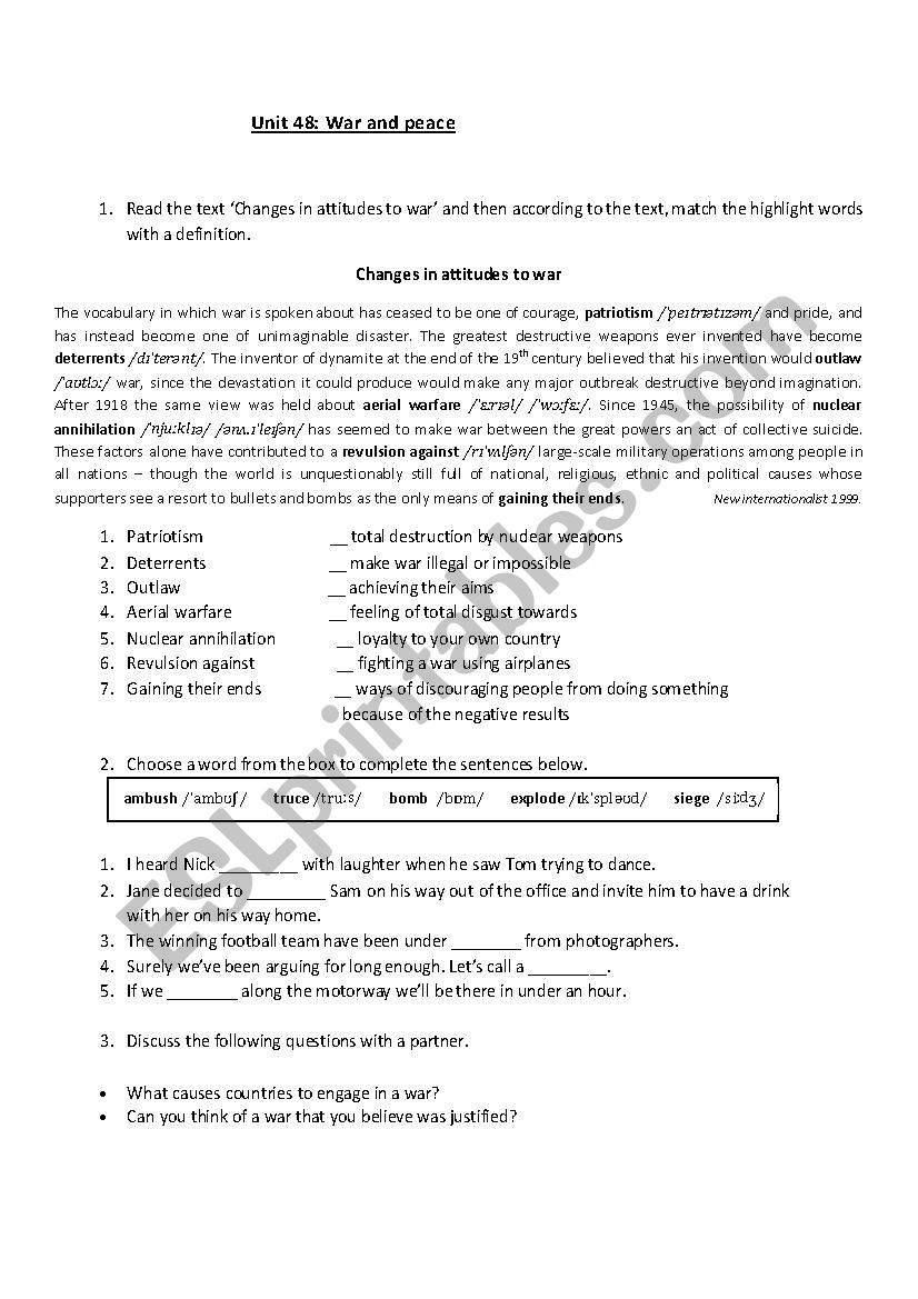 war and peace vocabulary worksheet
