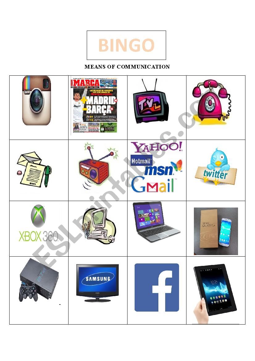 bingo-means of communication - ESL worksheet by Sandra87