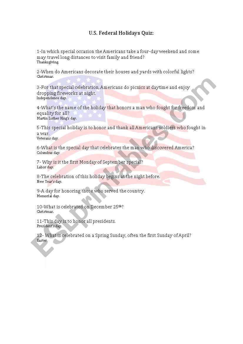 US Federal Holidays Quiz worksheet
