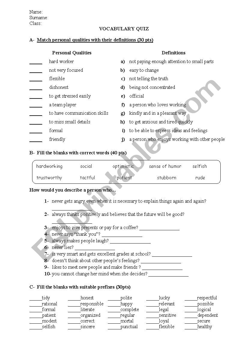 Vocabulary Quiz worksheet