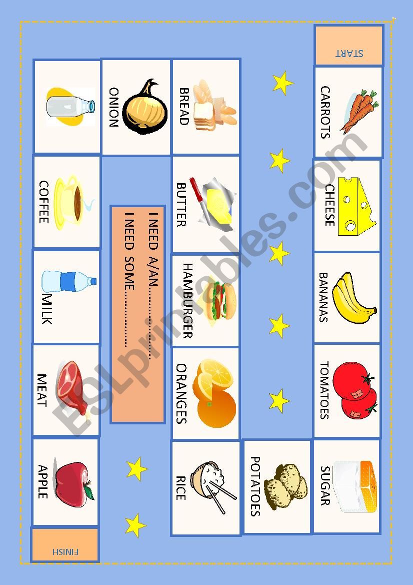 food and drinks board game worksheet