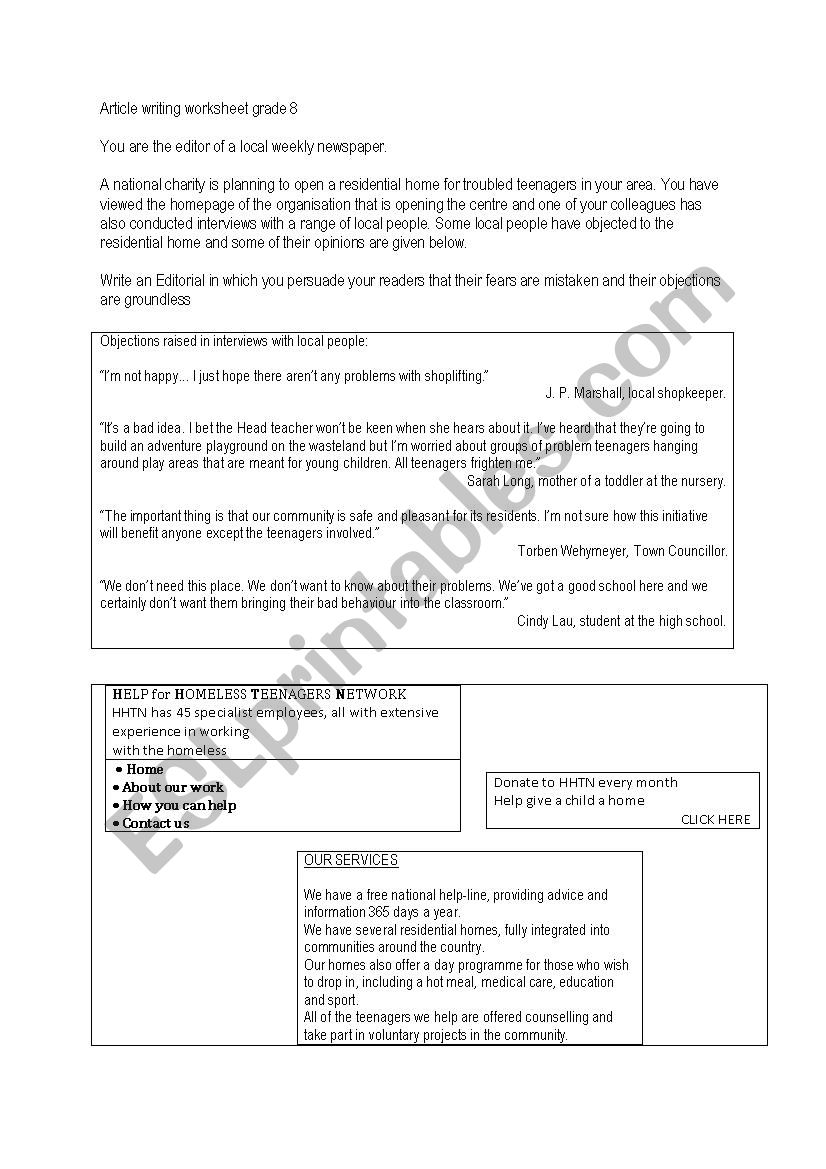 Article Writing worksheet