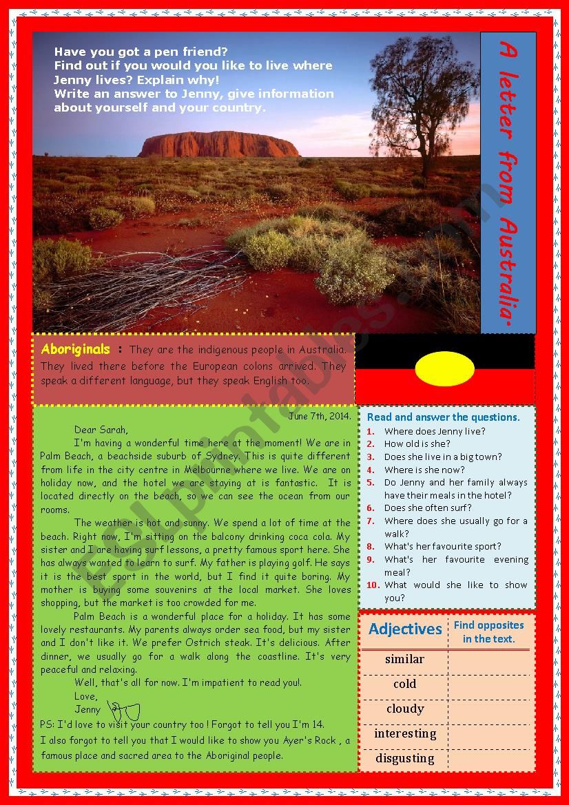 A letter from Australia (Reading, answering questions and writing