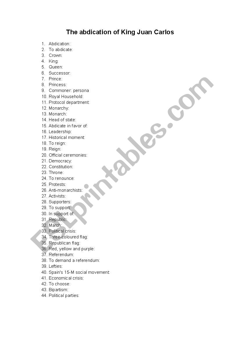 Vocabulary about the abdication of Spains King Juann Carlos I