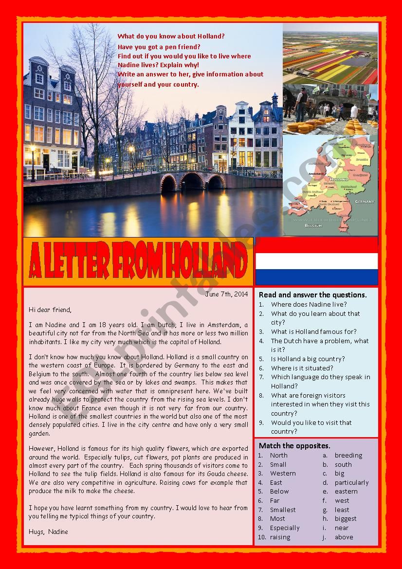 A letter from Holland (Reading, answering questions and writing a letter)