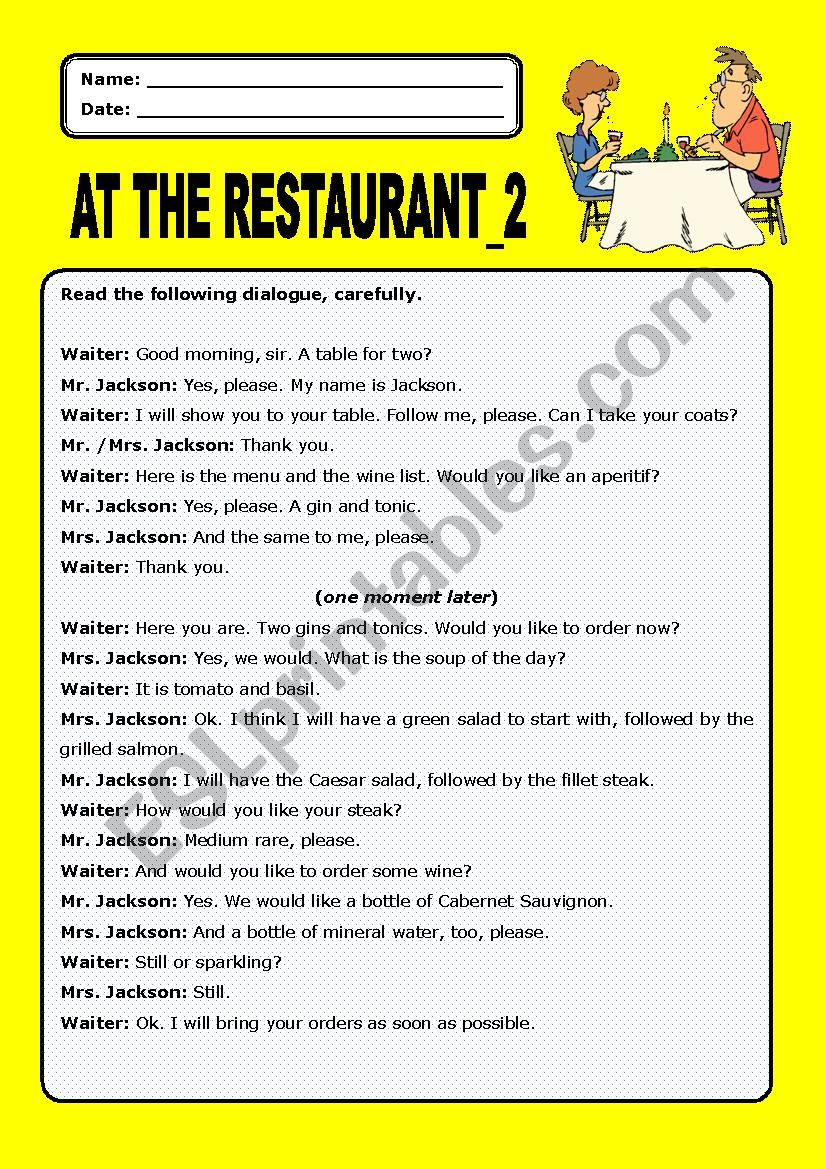 At the restaurant:2 worksheet