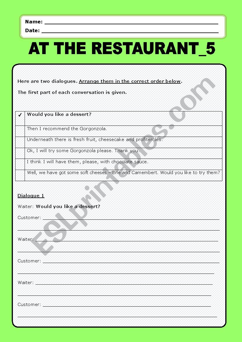At the restaurant:5 worksheet