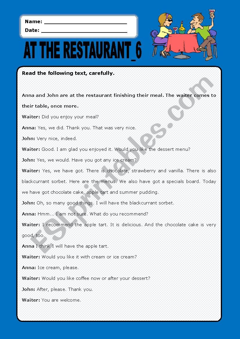 At the restaurant:6 worksheet