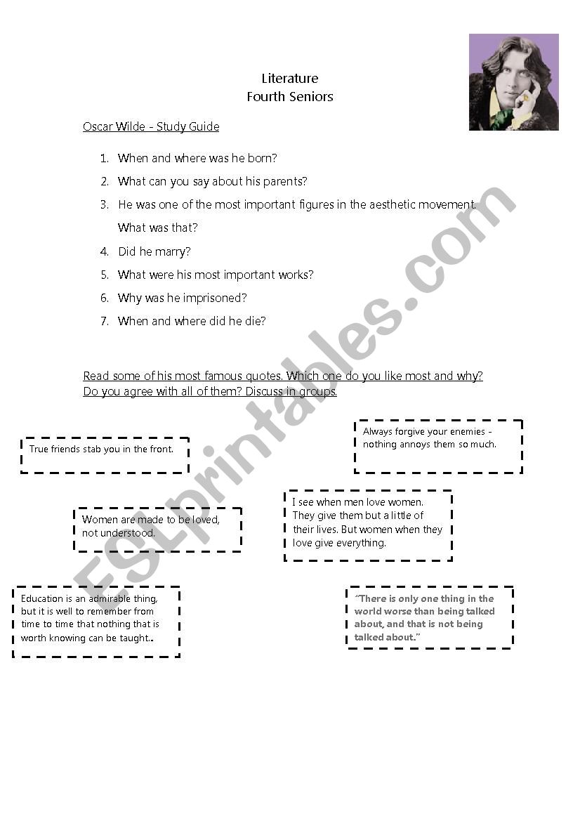 Oscar Wilde Study Guide worksheet