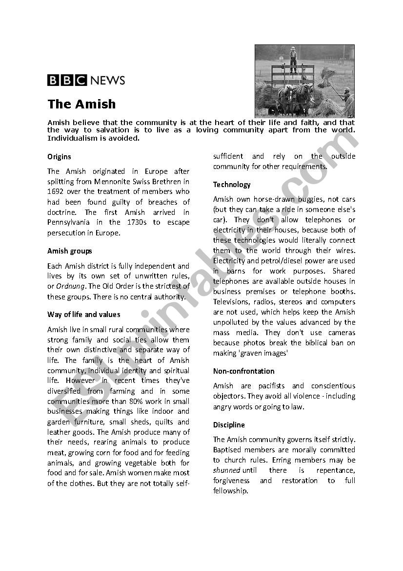 Amish reading comprehension worksheet