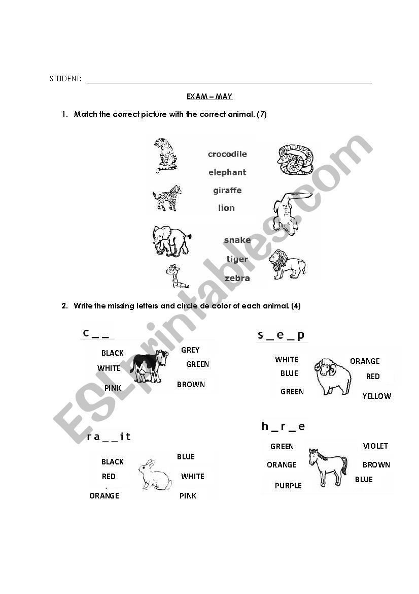 Colors, Animals and Body worksheet