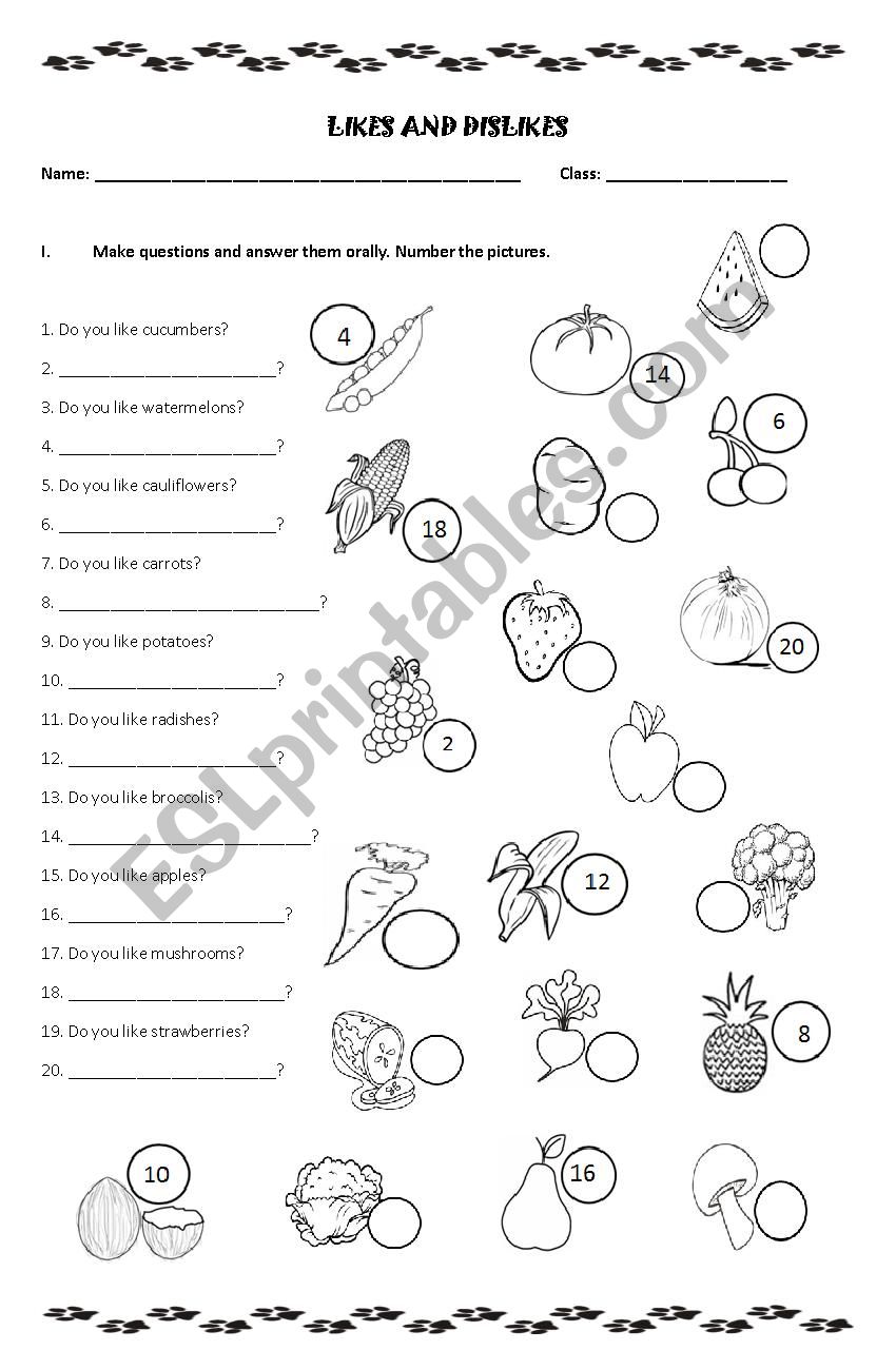 Likes and dislikes worksheet