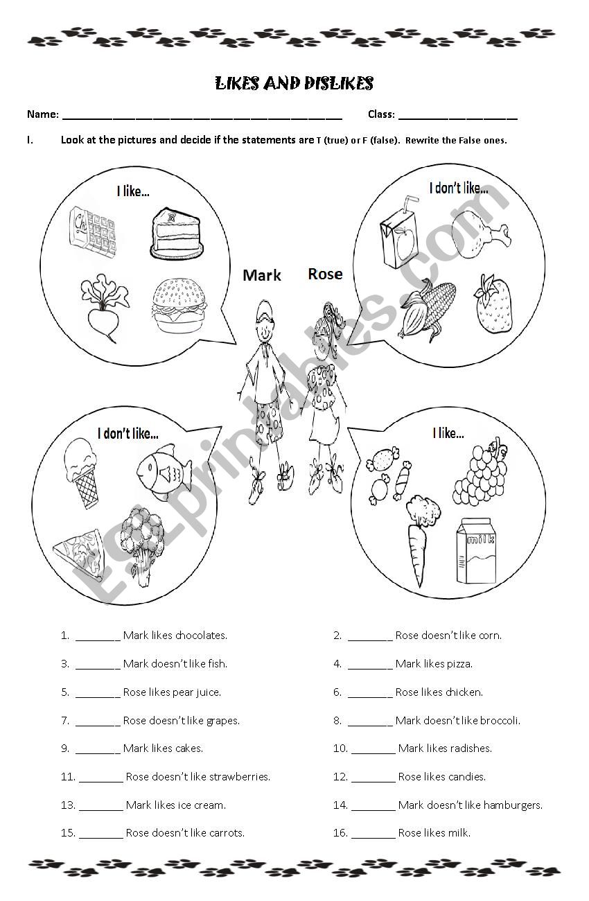 Likes and Dislikes worksheet