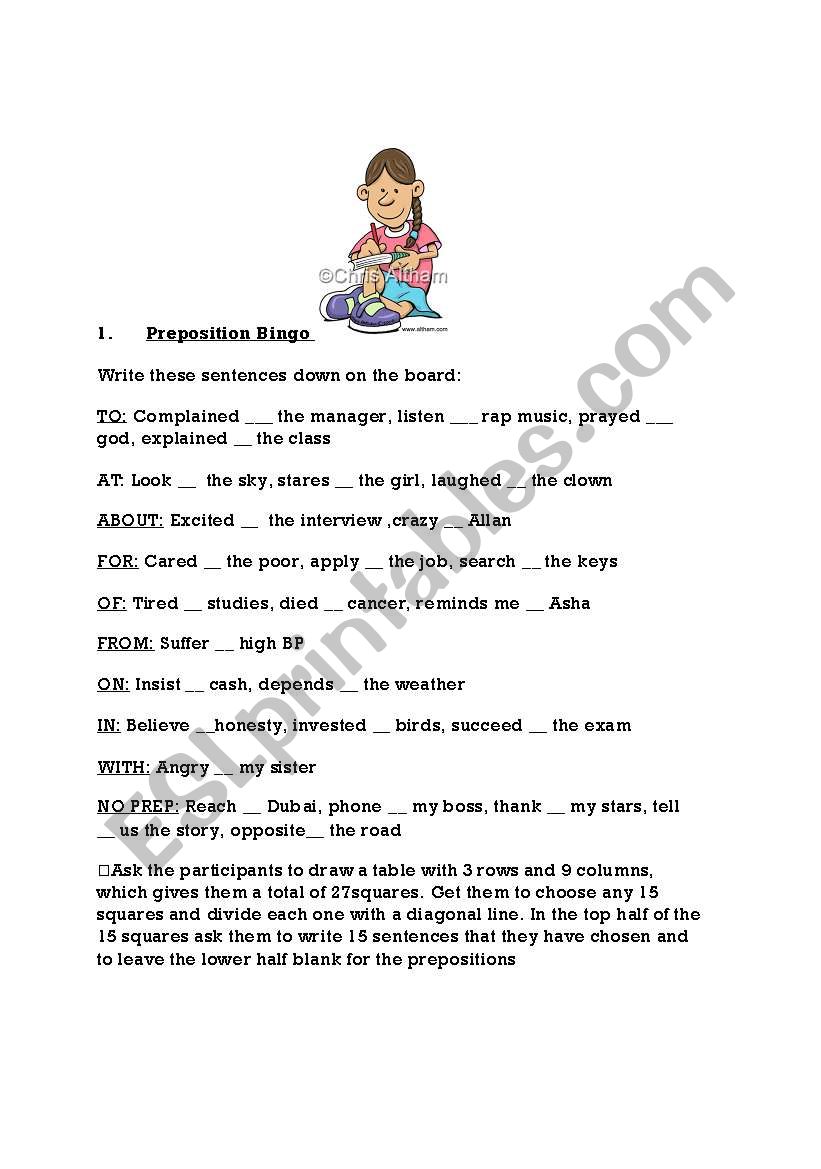 Preposition Bingo worksheet