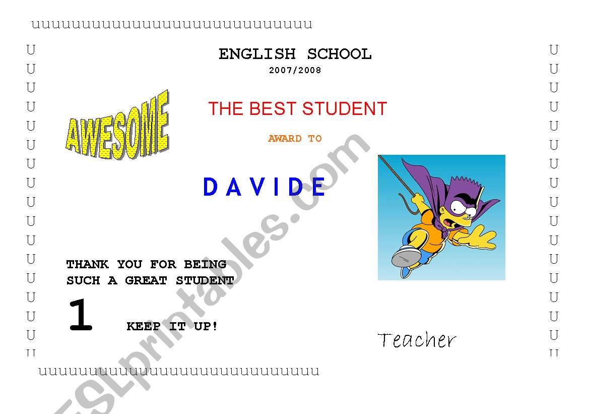 ENGLISH STUDENT AWARD- BOY- worksheet